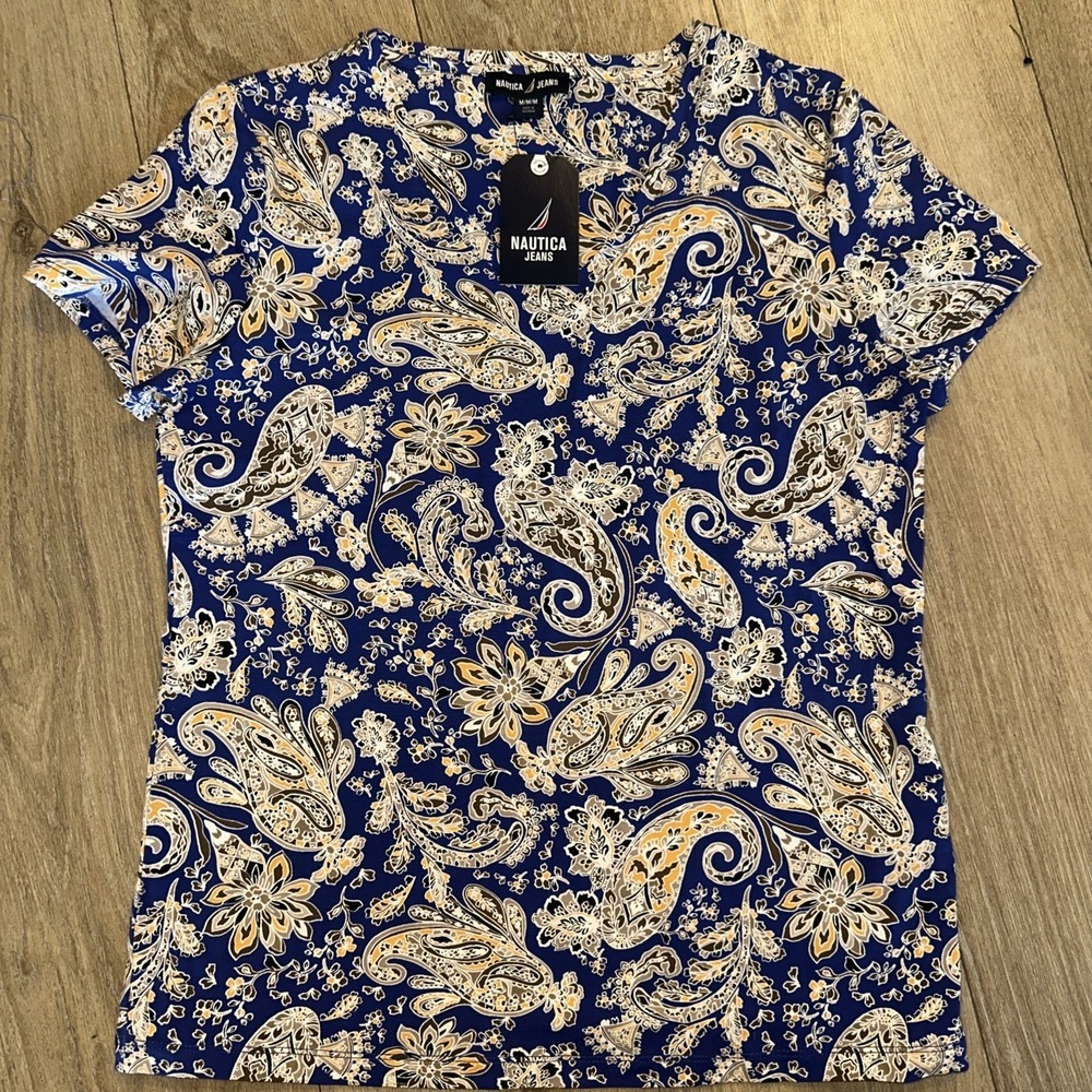 Nautica Logo Blue Floral & Paisley Short Sleeve Top Women's Med Boho Minimalist